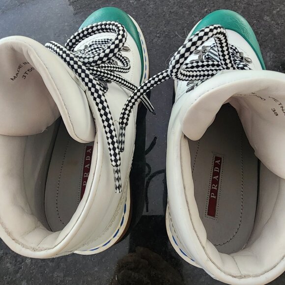 Prada White / Emerald Green Colorblock Leather Lace-Up Hiking Boots - Picture 16 of 16